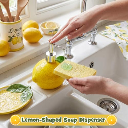 4 Pcs Lemon Kitchen Decor Ceramic Soap Dispenser Set Comes with Sponge Tray Instant Dry Tray Suitable for Kitchen Accessories Bathroom Decor Housewarming Gifts - style: Lemon