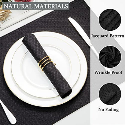 Black Jacquard 17x17 Square Polyester Cloth Napkins Set of 8 | Waterproof, Stain Resistant, Shrink Proof, Washable, fabric, Outdoor, Dining, Wedding, Kitchen, Party, Banquet, Reusable - color: Black