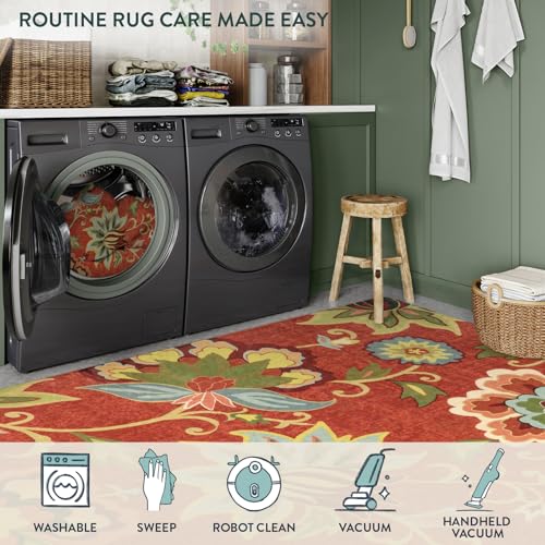 Lahome Floral Red 3x5 Area Rug, Washable Kitchen Fall Rugs Non-Slip ‎Stain Resistant Soft Throw Low-Pile Carpet for Bedroom, Christmas Paisley Print Floor Carpet for Living Room Entryway Office | Fall Rug Non-Slip Stain Resistant Throw Low-Pile Carpet for