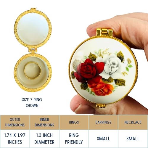 Tiny Round Porcelain Trinket Box | Rose Bouquet | French Style Gift Box with Velvet Bag - style: Rose Bouquet Round