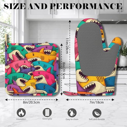 Cartoon Shark Oven Mitts and Pot Holders Sets Non-Slip Silicone Surface for BBQ Gloves,Kitchen,Cooking,Baking,Grilling - color: Cartoon Shark