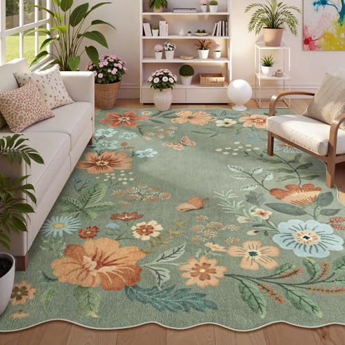 Lahome Floral Washable 6x9 Area Rugs, Green Rug for Living Room Bedroom | Soft Ultra-Thin Non Slip Dining Room Rug Stain Resistant Boho Green Rugs Throw Carpet for Office Flore (6'x9', Green) - color: Green, size: 6' x 9'(Rectangular)