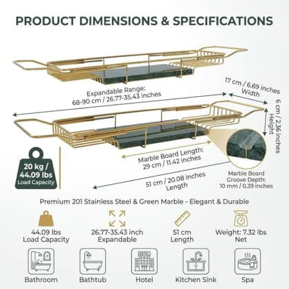 Expandable Stainless Steel Bathtub Caddy Tray with White Marble Board, | Extra Wide Rustproof Shelf, Book Tablet & Wine Glass Stand For Luxury Home Spa(Gold+Green) - color: Gold+green