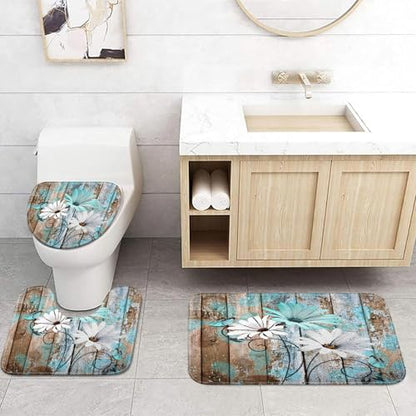 JAWO 4 Piece Teal Daisy Flower on Rustic Wooden Plank Country Style Shower Curtain Sets with Non-Slip Rugs, Toilet Lid Cover and Bath Mat, Shower Curtain with 12 Hooks - color: Teal-01, size: 5'10" x 5'10" (Rectangular)