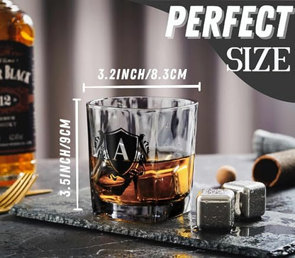 Whisky Gifts for Men, Personalized Initial Whiskey Glass with Whiskey Stones for Dad, Boyfriend, Best Friends, Coworkers, Husband, Brother, Uncle and Boss on Father's Day, Boss Day and Birthday - A - color: Initial-A