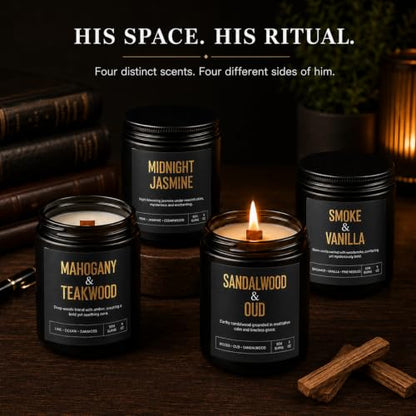 Candles Gifts for Men, 4-Pack Scented Candles, 36 oz, Birthday Gift Set | Up to 200 Hours Total Burn Time, Mahogany Teakwood, Smoked Vanilla, Midnight Jasmine & Sandalwood Oud - color: 4 Pack Black Candles