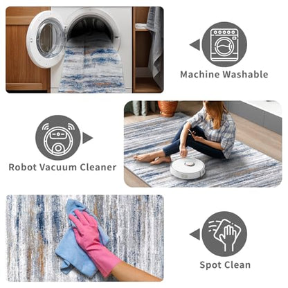 3x12 Washable Hallway Runner Rug: Extra Long Runners for Entryway Living Room Dining Room - Stain and Water Resistant Rugs with Non-Slip Backing - Soft Low-Pile Carpet 12ft Navy Grey - color: Navy/Grey, size: 3' x 12' (Runner)