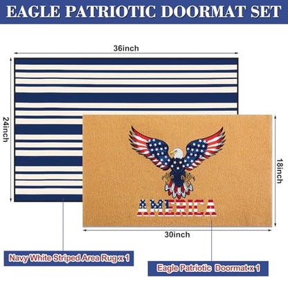 Timgle 2 Pcs Eagle Patriotic Doormat Set America Flag Veterans Day Outdoor Rug and Navy White Striped Area Rug Non-Slip Welcome Front Mat for Memorial Day Home Decor - style: Bald Eagle