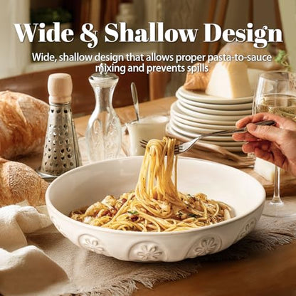 Pasta Bowls, 50oz Large Salad Serving Bowls, 9.75'' Plates Bowls Set of 4, Big White Ceramic Soup Bowls for Kitchen, Embossment Shallow Dinner Bowl, Microwave Dishwasher Safe, Pinwheel Flower - color: White (Pinwheel Flower)