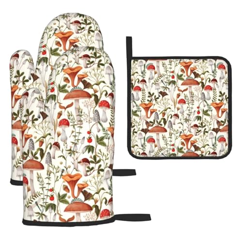 Boho Mushroom Decor Oven Mitts and Pot Holders Sets of 3 Hot Pads | Cute Botanic Plant Beige Oven Gloves Heat Resistant Non Slip Washable For Kitchen Cooking Grilling Baking - color: Mushroom Decor