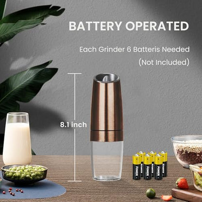 Battery Operated Salt And Pepper Grinder Set 2 Pack (Copper) | Gravity-Activated Automatic Grinder With Led Light & Adjustable Coarseness, Each Uses 6 Aaa Batteries,Kitchen Daily Seasoning - color: Battery/2pcs/Copper