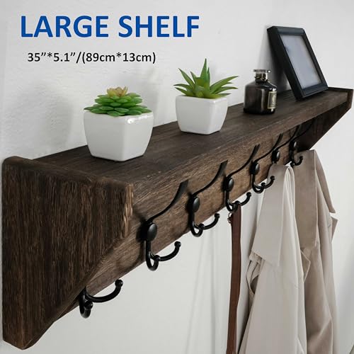 WEBI Coat Rack Wall Mount with Shelf,35" Long Wall Shelf with Hooks Underneath,7 Triple Hooks for Entryway,Hallway,Bedroom,Weathered Brown - color: Weathered Brown, size: 35 Inch