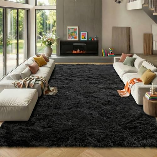 Black 8x10 Area Rugs for Living Room, Large Fluffy Shag Bedroom Rug, Ultra Soft Thick Shaggy Floor Big Indoor Carpets for Kids Boys Girls Teen Nursery Dorm Modern Home Decor Aesthetic - color: Black, size: 8' x 10' (Rectangular)