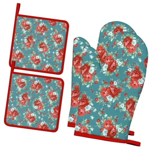 4 PCS Cotton Oven Mitts and Pot Holders Sets,Pioneer Flower Oven Gloves Heat Resistant Colorful Kitchen Mitts Hot Pads,Kitchen Decor for Women Cooking Baking Grilling BBQ (Dark Green Red Flower) - color: Dark Green Red Flower