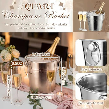 meekoo Champagne Bucket Set, 3 Qt Stainless Steel with 2 Flutes | Wine Bucket for Champagne Service, Double-wall Construction, Side Handles, Weddings and Cocktail Parties