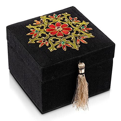 Handmade Embroidered Jewelry Storage Box with Ruby Gemstone, Small Decorative Keepsake Box, Trinket Box, Memento Box, Gift Presentation Box, Home Décor Accent - color: Black with Red