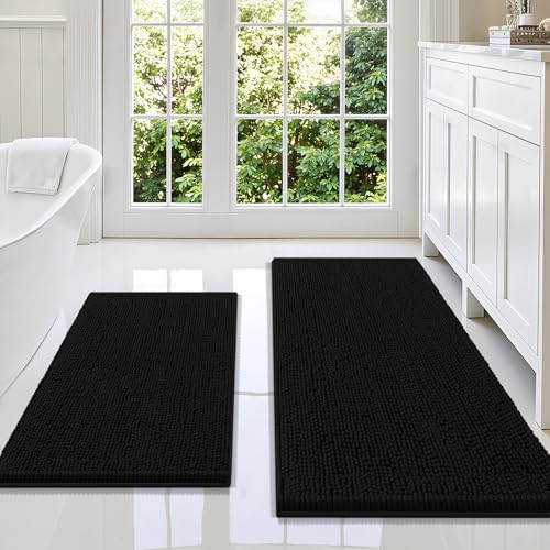 Smiry Chenille Bathroom Rugs Sets 2 Piece (47x20+30x20, Black) | Soft Absorbent Machine Washable Non Slip Shaggy Bath Rug Set for Tub, Shower, and Floor, Home Decor - color: Black, size: 47"X20"+30"X20"