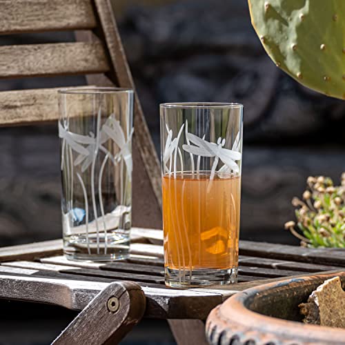Rolf Glass Dragonfly Highball Glass 15 ounce - Set of 4 Cooler Glasses – Lead-Free Glass - Etched Drinking Glass with Heavy Base - Made in the USA - color: Highball 4 Set