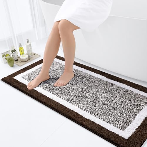 OLANLY Bathroom Runner Rugs 47x24, Long Bath Mats for Bathroom Floor, Brown | Non-Slip, Machine Washable, Quick Dry Shaggy Bath Carpet, Suitable for Bathroom Floor, Tub, Shower - color: Brown and White, size: 47" X 24"