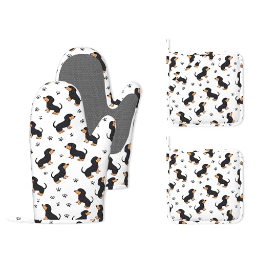 Cute Dachshund Dog Heat-Resistant Silicone Oven Mitts and Pot Holders 4 Piece Set,Extra Long Non-Slip Kitchen Oven Gloves for Cooking, Baking, BBQ,Grilling - color: Cute Dachshund Dog