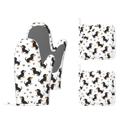 Cute Dachshund Dog Heat-Resistant Silicone Oven Mitts and Pot Holders 4 Piece Set,Extra Long Non-Slip Kitchen Oven Gloves for Cooking, Baking, BBQ,Grilling - color: Cute Dachshund Dog