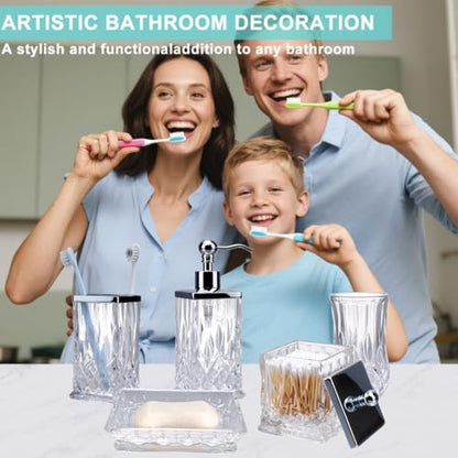 Clear Bathroom Accessories, Square Thick Glass & Metal Pump | Beautiful & weight, 5 pcs soap dispenser, toothbrush holder, soap dish, tumbler & jar, for mission/amish style - style: Square(Clear)