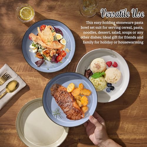 E-far Pasta Bowls, 34oz Stoneware Bowl Plate for Dinner Serving Soup Salad, Wide & Shallow Large Ceramic Pasta Plate Set of 4, Microwave & Dishwasher Safe, Reactive Glaze with Rim, Ocean Blue - color: Ocean Blue