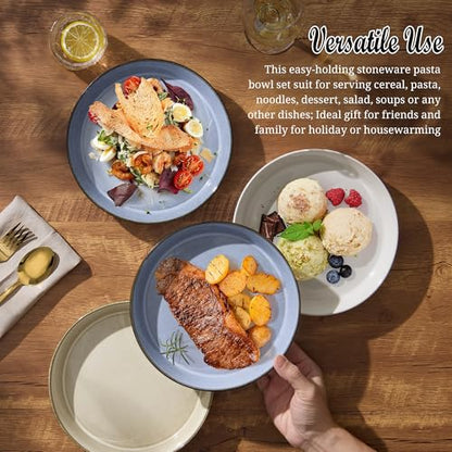 E-far Pasta Bowls, 34oz Stoneware Bowl Plate for Dinner Serving Soup Salad, Wide & Shallow Large Ceramic Pasta Plate Set of 4, Microwave & Dishwasher Safe, Reactive Glaze with Rim, Ocean Blue - color: Ocean Blue