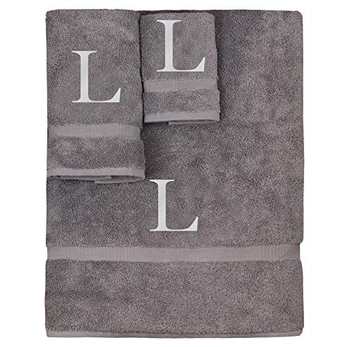 Monogrammed Towel Set, Personalized Gift, Set of 3- Silver Block Letter Embroidered Towel - Extra Absorbent 100% Turkish Cotton - Soft Terry Finish - Initial L Gray - color: Gray & Silver, size: Initial - L