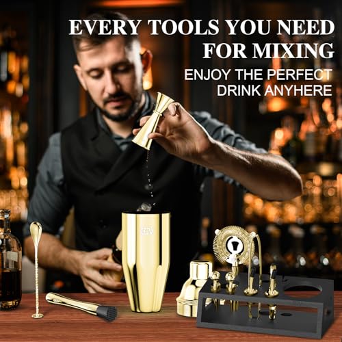 IOV Mixology Bartender Kit With Stand | 12-Piece Cocktail Shaker Set | 24oz Martini Shaker Set For Drink Mixing | Bar Set Includes All Bar Tools And Recipe Booklet | Fun Housewarming Gift (Gold) - color: 12 Pcs - Gold