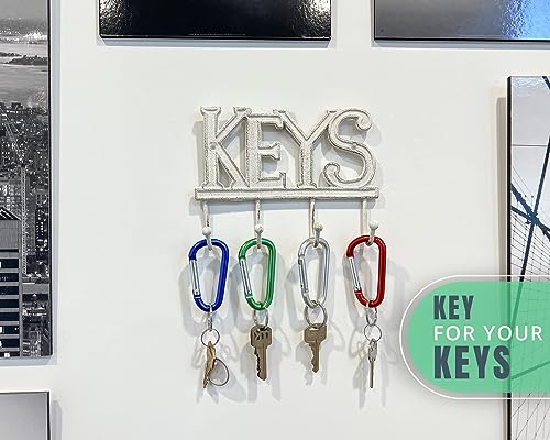 Comfify White Cast Iron Key Holder for Wall – Keys Sign with 4 Hooks | Clean white antique finish; mounting hardware included; entryway, hallway or door; 6"H x 8"L; holds 8 keychains - color: White