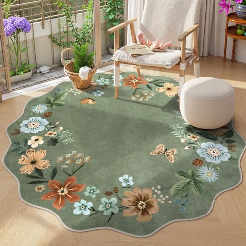 Lahome Floral Washable Round Circle Rugs, Non-Slip Soft Round Rug 4ft | Ultra-Thin Small Boho Circle Carpet for Entryway Kitchen Bedroom Nursery Bathroom, Green - color: Green, size: 4'(Round)