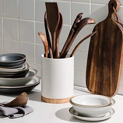Sweejar Kitchen Utensil Holder with Wooden Bottom, 6.7" Ceramic Utensil Crock to Hold Spatulas for Cooking Countertop, Housewarming, Wedding, Birthday Gift (White) - color: White