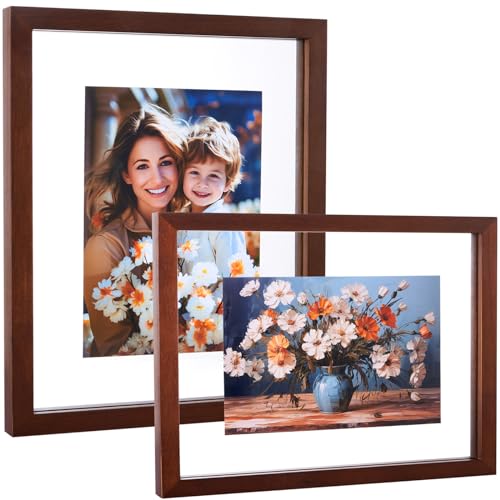 DLQuarts 8x10 Floating Photo Picture Frame, Floating Display 6x8, 5x7,or Full Display 8x10 Photos, Solid Wood, Double Glass, 2 Pack, Black Walnut - color: Black Walnut, size: 8x10