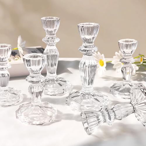 Glass Candlestick Holders Set of 6, Clear Stripe Taper Candle Holders for Table Centerpiece, Home Decorations, Wedding and Party - color: Clear 6pcs