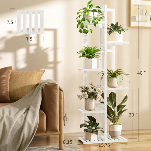 ROMGUAR CRAFT 6 Tier Bamboo Plant Stand Indoor, Wood Tall Flower Holder Corner Tiered Plant Shelf for Multiple Plants (White)