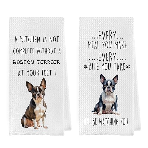 Boston Terrier Dish Towels Set - Decorative Waffle Weave Kitchen Hand Tea Towels, Funny Gift (1624 Inches, Set of 2) - color: Boston Terrier