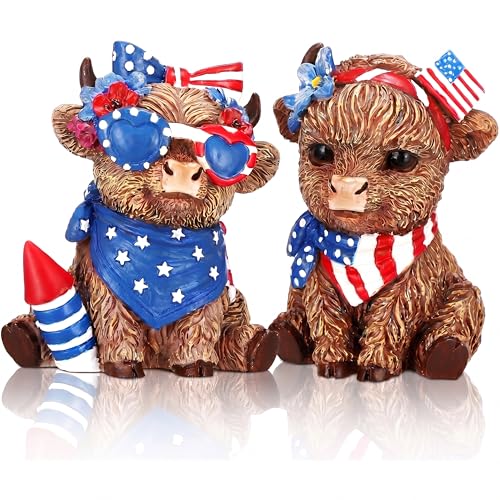Wesiti 2 Pcs 4th of July Highland Cow Figurines Decor | Patriotic Gnomes Scottish Resin Statue, Calf Lovers Gifts, for 250th Anniversary, Home Garden Kitchen Office Table - style: Independence Day