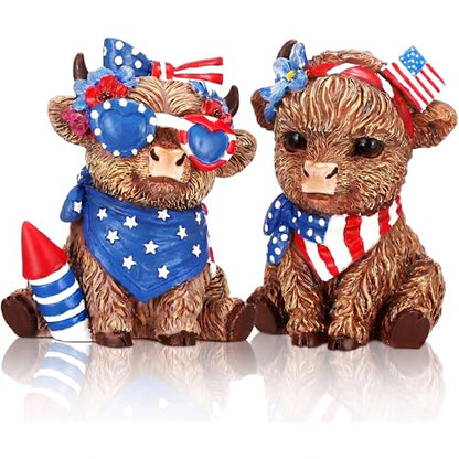 Wesiti 2 Pcs 4th of July Highland Cow Figurines Decor | Patriotic Gnomes Scottish Resin Statue, Calf Lovers Gifts, for 250th Anniversary, Home Garden Kitchen Office Table - style: Independence Day