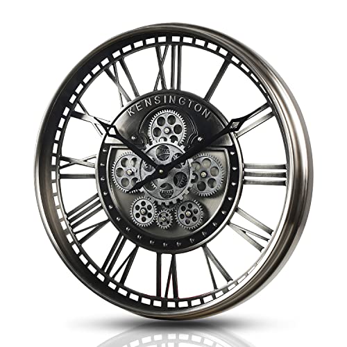 21" Metal Roman Numeral Wall Clock with Moving Gears,Gunmetal | SIilent Non Ticking, Aluminum Dial, Unique Modern Wall Clocks for Living Room, Dinning Room, Entryway & Home Office - color: Roman Gunmetal, size: 21"