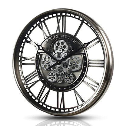 21" Metal Roman Numeral Wall Clock with Moving Gears,Gunmetal | SIilent Non Ticking, Aluminum Dial, Unique Modern Wall Clocks for Living Room, Dinning Room, Entryway & Home Office - color: Roman Gunmetal, size: 21"