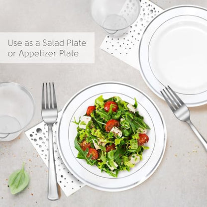 Silver Dessert Plates Set, 100 Plates, Cups, Forks and Napkins, 7.5 Inch | Sturdy plastic, cake service, appetizer tables, salad course, weddings, birthdays, easy cleanup - color: Silver, style: Plates,Forks,Napkins and Cups
