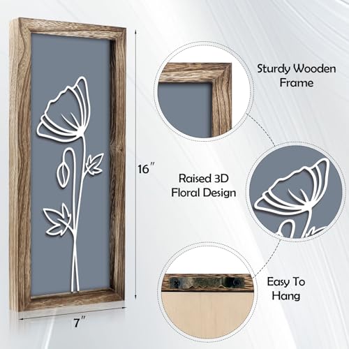 3D Wooden Floral Wall Art, 4 Pcs 7 x 16 Inch Flower Wood Carving Framed Bathroom Wall Decor for Living Room Bedroom Office, Rustic Farmhouse Boho Botanical Hangings
