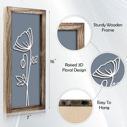 3D Wooden Floral Wall Art, 4 Pcs 7 x 16 Inch Flower Wood Carving Framed Bathroom Wall Decor for Living Room Bedroom Office, Rustic Farmhouse Boho Botanical Hangings