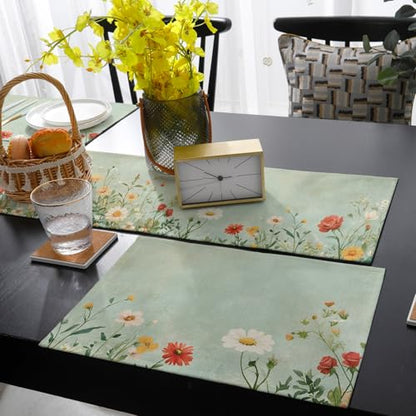 Table Runner and Placemats Set of 4 Red Orange White Flowers Decorative Dining Table Runner with Matching Placemats Green Oil Painting Table Decor for Kitchen Dining Room and Everyday Use 13x70in - size: 13"x70"+4pcs