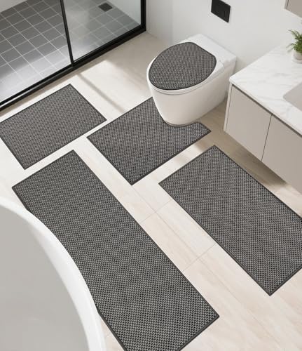 Thin Bath Mat Dark Grey Bathroom Rugs Sets 5 Pieces, Non Slip Absorbent Bath Mats Quick Dry, Woven Braided Rugs Washable, Rubber Tapetes para Baño for Bathroom Toliet,Bathtub - color: Dark Grey, size: 5Pieces