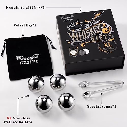 Whiskey Balls Reusable 55mm, Father's Day Bourbon Gifts for Men, Whiskey Ice Stones with Tongs, Anniversary Birthday Gifts for Dad Boyfriend Grandpa Him Husband from Wife 10pcs - color: Sliver - Round Balls