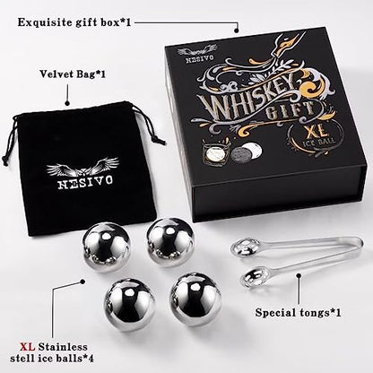 Whiskey Balls Reusable 55mm, Father's Day Bourbon Gifts for Men, Whiskey Ice Stones with Tongs, Anniversary Birthday Gifts for Dad Boyfriend Grandpa Him Husband from Wife 10pcs - color: Sliver - Round Balls