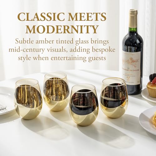 MyGift 18 oz Amber Brown Stemless Wine Glasses, Brass Accent, Set of 4 | Angled brass accents and amber glass create a retro-inspired look for cocktails, wine, dinners, and special occasions - color: Amber / Gold-4