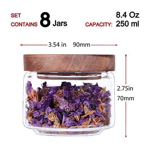 Tzerotone 8 Pcs Spice Containers - 8.5oz Glass Spice Jars With Acacia Airtight Lid and Labels - Stackable Empty Round Spice Bottles for kitchen Seasoning, coffee bean, tea, suger, herbs - color: clear